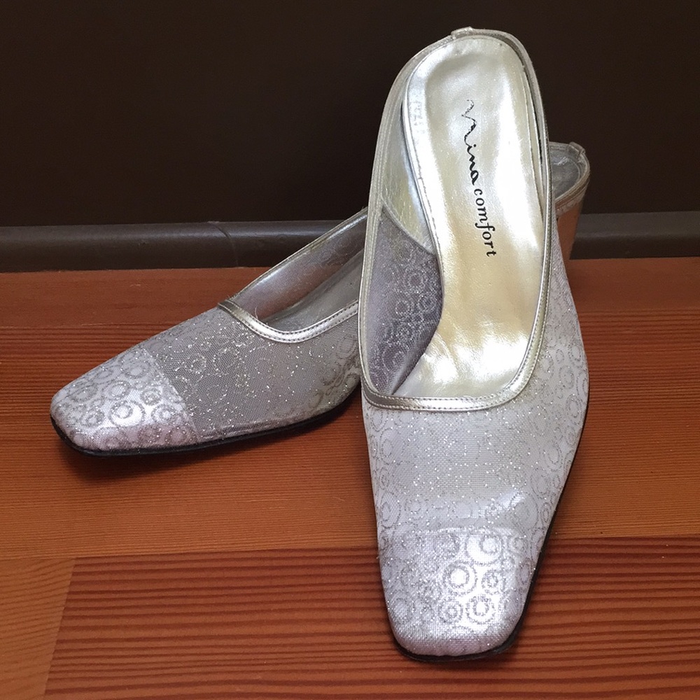 Silver slip on mule style pumps